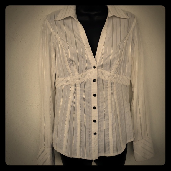 Sz M CACHE cream dressy ls v-neck blouse - Picture 1 of 3